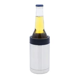 A silver stubby cooler containing a bottle of beer, featuring a dark blue top and a sleek design.