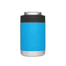 A drink bottle featuring a vibrant blue exterior with a black top and a stainless steel base, designed as a stubby holder.