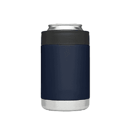 A navy blue stubby cooler made from stainless steel with a grey top. It features a logo on the surface.