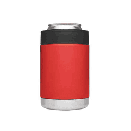 A red stubby cooler with a black top section, designed for holding drink cans. It has a stainless steel base and a logo.