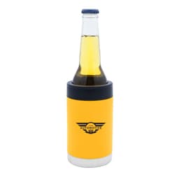 A drink bottle in a yellow stubby cooler with a silver base and a logo.