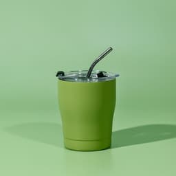 A drink bottle in a vibrant green colour with a stainless steel straw and a clear lid, featuring a logo.