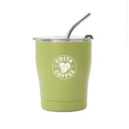 A drink bottle in olive green with a clear lid and stainless steel straw, featuring a logo on the front.