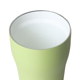 A drink bottle in a light green colour with a white interior and a silver rim. It features a logo.