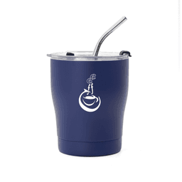 A drink bottle in dark blue with a straw, featuring a logo on the side. Ideal for travel use.