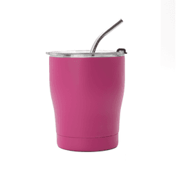 A drink bottle in vibrant pink with a metal straw and a clear lid. It has a logo on the side.