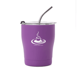 A drink bottle in purple with a stainless steel straw and a transparent lid, featuring a logo on the side.