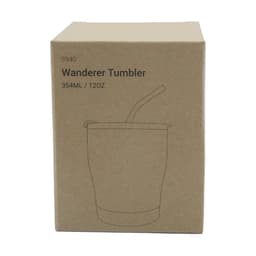 A drink bottle in a cardboard box featuring a tumbler design, with a straw, in a neutral colour.