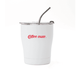A drink bottle with a white exterior, featuring a clear lid and straw, and has a logo on its side.
