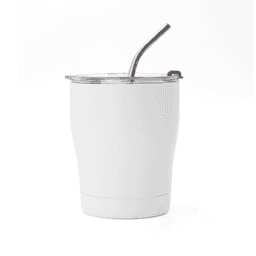 A drink bottle in white with a clear lid and stainless steel straw, featuring a logo on the surface.