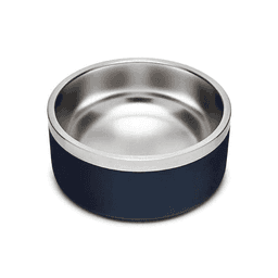 A pet bowl with a stainless steel interior and a navy blue exterior. It features a logo on the side.