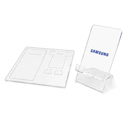 A clear acrylic phone stand kit with a rectangular base and an upright holder. Includes a branding logo.