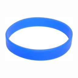 A blue silicone wristband with a smooth finish and a simple design. It features a logo.