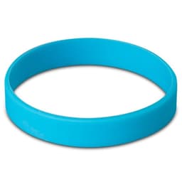 A blue silicone wristband with a smooth surface and a simple design, featuring a logo.
