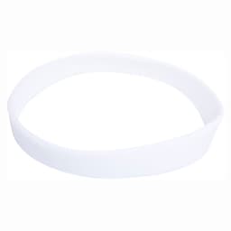 A white silicone wristband featuring a logo, designed for promotional use at exhibitions and events.