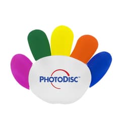 A hand-shaped highlighter with six vibrant colours: green, yellow, orange, red, blue, and purple. It features a logo.