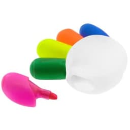 A collection of highlighters in various colours: pink, green, yellow, orange, and blue, with a transparent holder.