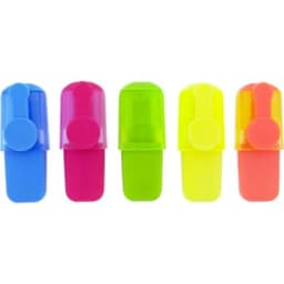 A drink bottle filled with five highlighters in blue, pink, green, yellow, and orange, with a logo on the bottle.