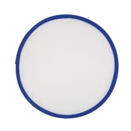 A fold-up flying disc with a blue edge and a white centre, featuring a logo.