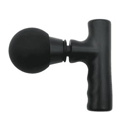 A black mini massage gun with a spherical attachment and an ergonomic handle.