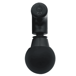 A black mini massage gun with a round attachment, featuring a charging port on the top.