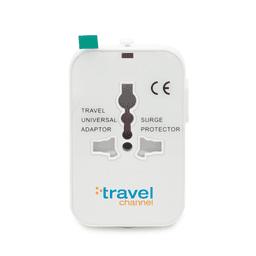 A white universal travel adapter with multiple plug openings and a surge protector feature. It has a logo on the front.