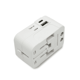 A white universal travel adapter with USB ports and retractable prongs, featuring a compact design.