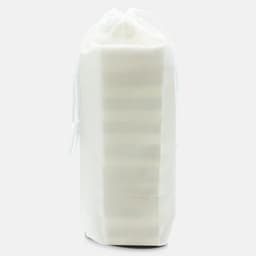 A white pouch containing a stacking puzzle set. The pouch is tied at the top with a drawstring.