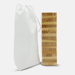 A stacking puzzle set in natural wood tones, accompanied by a white pouch for storage.