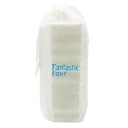 A white pouch containing a stacking puzzle set, featuring a logo. The pouch has a drawstring closure.