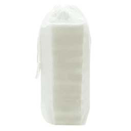 A white pouch containing a stacking puzzle set. The pouch is cinched at the top with a drawstring.