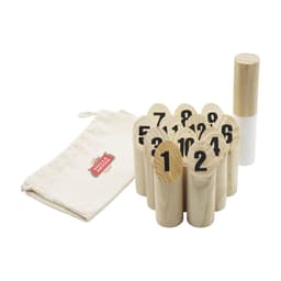 A set of wooden skittles with numbers, featuring a drawstring bag for storage. The skittles are natural wood colour.