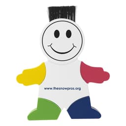 A multi-coloured, smiling character-shaped highlighter with a brush-like top and a logo on its body.