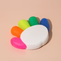 A highlighter in the shape of a hand with five vibrant colours: pink, orange, green, blue, and yellow. It has a white base.