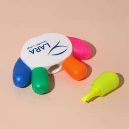 A set of five highlighters in pink, orange, green, blue, and a yellow tip, with a circular holder featuring a logo.