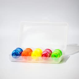 A clear case containing six highlighters in blue, orange, yellow, pink, red, and green.
