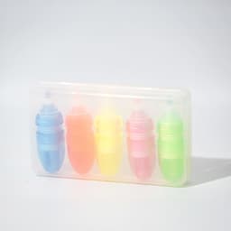 A set of five highlighters in blue, pink, yellow, orange, and green, housed in a transparent case with a logo.