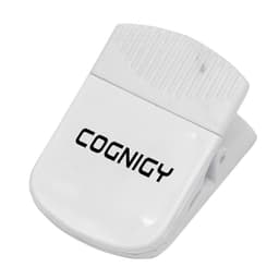 A white magnetic clip with a textured grip and a logo, designed for holding papers or other items.