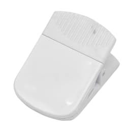 A white magnetic clip designed for holding papers or items securely, featuring a textured grip area.