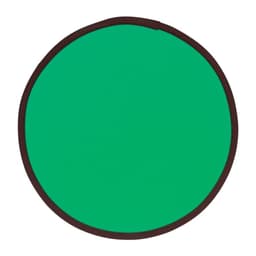 A green flying disc with a brown edge, folded flat for easy storage. Features a logo on the surface.