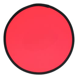 A red fold-up flying disc with a black border, compact and round in shape. It has a branded logo.