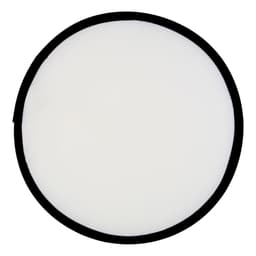 A foldable flying disc with a white centre and a black border, featuring a logo.