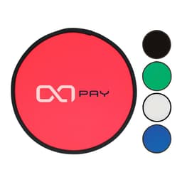 A red fold-up flying disc is displayed, alongside black, green, white, and blue options. The disc features a logo.