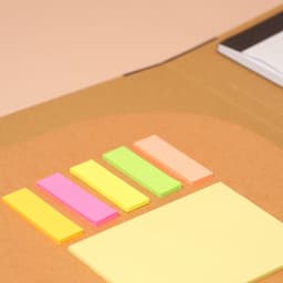 A padfolio featuring a brown exterior, with assorted sticky notes in pink, yellow, green, and orange.