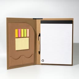 A brown A4 padfolio featuring a lined notepad, sticky notes, pockets, and a pen. It has a logo on the front.