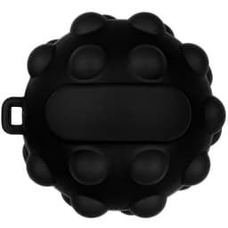 A round, black stress ball with a textured surface featuring soft, raised bumps, and a smooth central area.