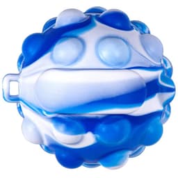 A blue and white stress ball featuring a spherical design with raised dots and a handle, complete with a logo.