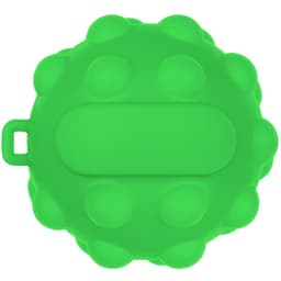 A round green stress ball with a textured surface and a flat middle section, featuring a small loop for attachment.