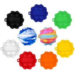 A collection of "Popper Balls" in various colours: black, blue, green, white, pink, orange, red, and yellow, featuring a logo.