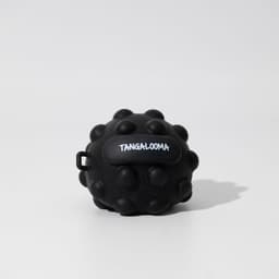 A black textured stress ball featuring bumps and a loop for attachment, with a small logo on its surface.